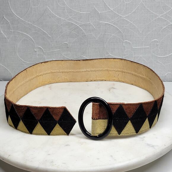 Vtg Saint Laurent Rive Gauche Suede Belt France Bakelite Buckle Geometric 31” - Picture 10 of 14